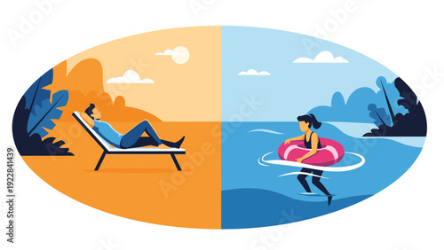 Contrast of two summer activities showing a man relaxing on a sunbed and a woman enjoying a swim with a pink floating ring at a tropical beach.
