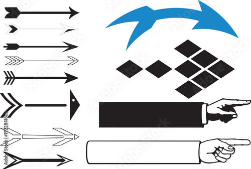 Minimal Black Arrow and Directional Symbol Set with Hand Pointer Illustration