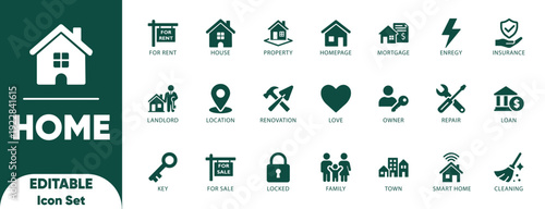 Home Solid icon set. property, loan, landlord, town, insurance, mortgage, location, house, and vector icons 

