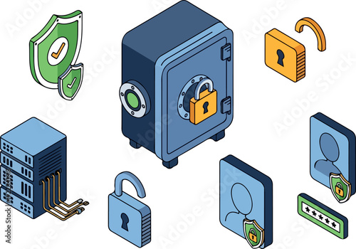 Secure online transactions and data protection icons surrounding a safe