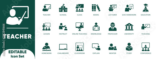 Teacher icon set. class, school, mentor, teaching, books, instruct, education, professor, and Vector solid icons.