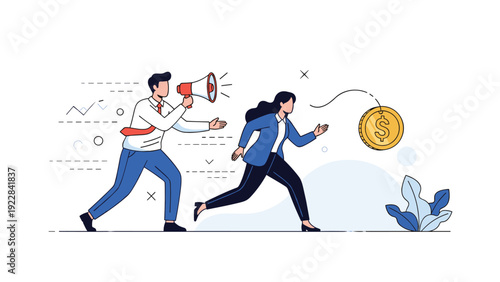 Man chasing a woman with a megaphone while she runs after a golden dollar coin to represent motivation or greed.