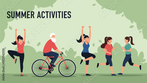 Diverse people enjoying various outdoor summer activities like cycling, yoga, and running in a green park environment.