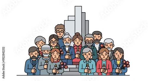 Illustration of a diverse group of people gathered in front of a city skyline on Remembrance Day, observing a moment of silence for Chernobyl disaster victims.