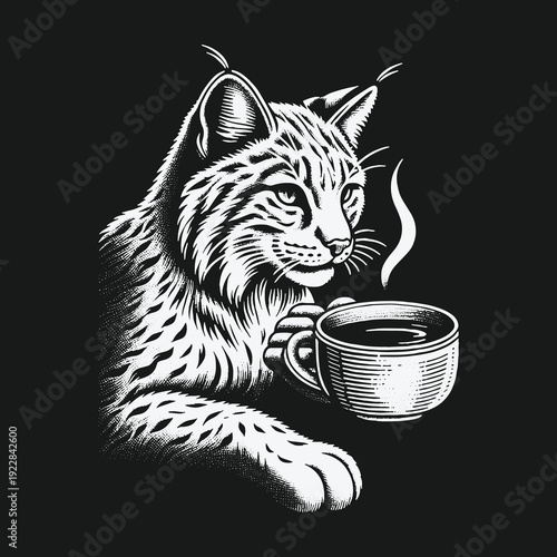 Lynx Sipping Coffee: A Detailed Black and White Illustration.