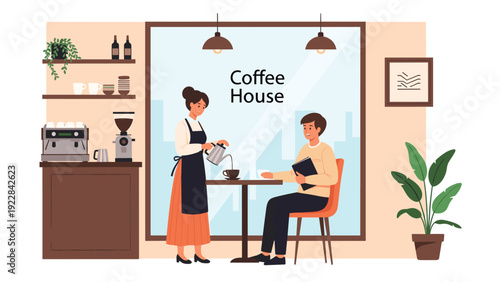 Friendly waitress in an apron serving a fresh cup of coffee to a young man sitting at a table in a modern coffee house.
