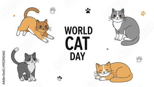World Cat Day greeting card illustration featuring four adorable cats of different colors and paw print patterns.