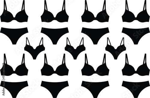 Black women lingerie set silhouettes, bra and panties vector illustration, seamless underwear pattern, minimal flat design, fashion apparel icon collection