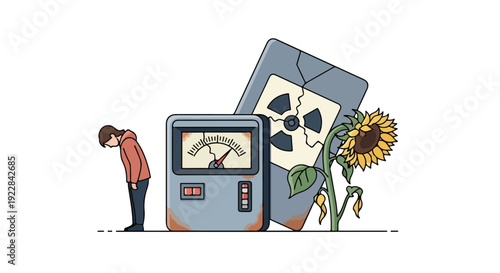 Illustration of a person standing beside a broken radiation sign with a skull and a wilting sunflower on a white background, recalling Chernobyl disaster on Remembrance Day.