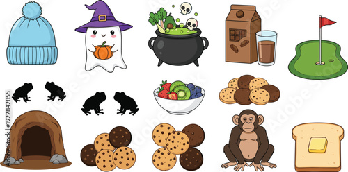 Diverse Vector Mega Sticker Set Featuring Halloween Ghost, Witch Cauldron, Winter Beanie, Chocolate Milk, Golf Green, Cookies, Fruit Bowl, Monkey, and Bread