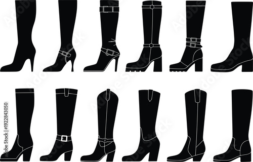Women boot silhouettes collection, high heel boots, knee high footwear, black fashion icons, minimalist vector illustration, isolated set on white