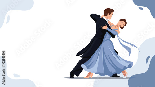 Elegant couple in professional attire performing a romantic ballroom dance on a white background with abstract shapes.