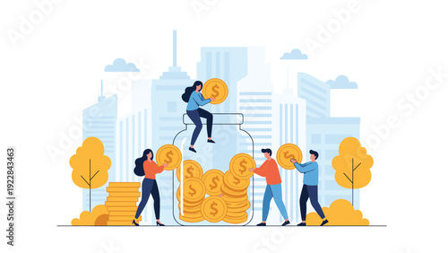 Diverse group of people working together to save money by putting large gold coins into a giant glass savings jar.