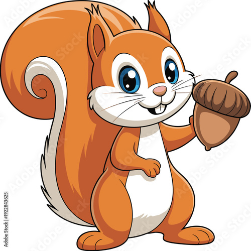 Cartoon squirrel illustration holding acorn, cheerful animal character, bushy tail, orange fur, blue eyes, vector artwork, children’s nature design