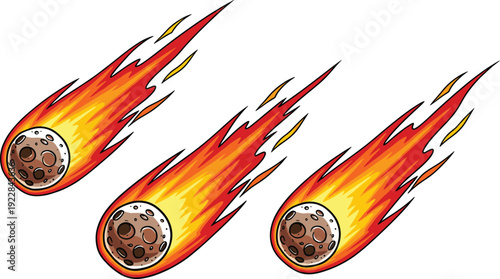 Flying Comet Fireball Vector Set with Burning Tails for Space Exploration Themes, Science Education Graphics, Astronomical Events, Galaxy Backgrounds, and Celestial Motion Design Elements