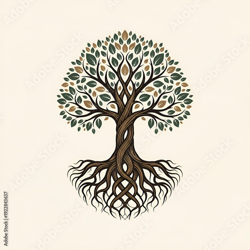 Stylized Tree of Life with Intricate Roots and Lush Leaves