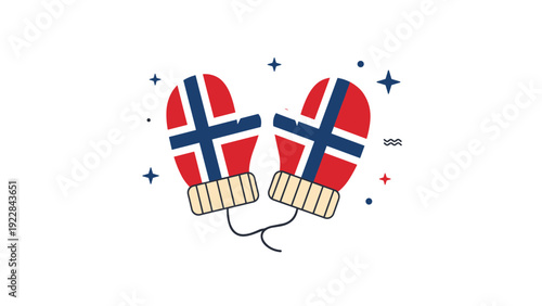 Pair of cozy winter mittens with the Norwegian flag pattern surrounded by stars and abstract shapes on a white background.