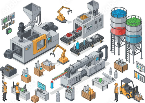 Industrial manufacturing facility with machinery and workers in operation from an aerial viewpoint