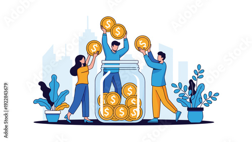 Three young people working together to put large gold dollar coins into a big savings jar surrounded by blue plants.