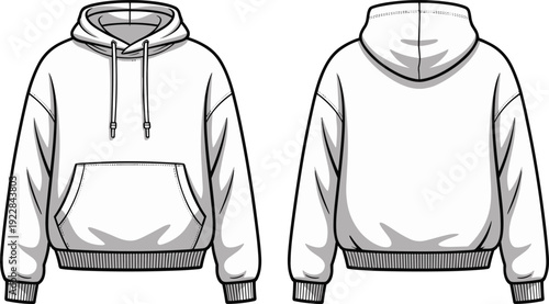 Blank hoodie front back view vector illustration, unisex pullover sweatshirt mockup, casual streetwear apparel design isolated on white background template