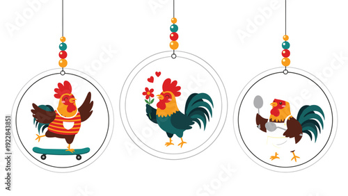 Three decorative circular ornaments hanging with colorful beads featuring cute cartoon roosters engaged in fun activities like skateboarding.