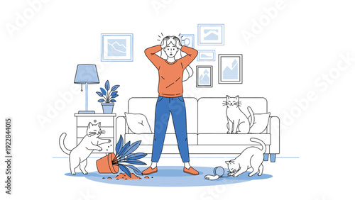 Frustrated woman holding her head in despair while her three cats cause chaos in the living room by knocking over plants and playing.