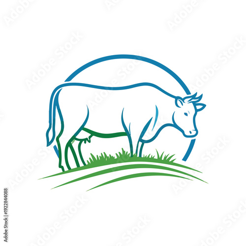 Farm Animal Dairy Cow in a Green Pasture Landscape with Mountains and Sunrise Presenting Rural Livestock and Agriculture Environment