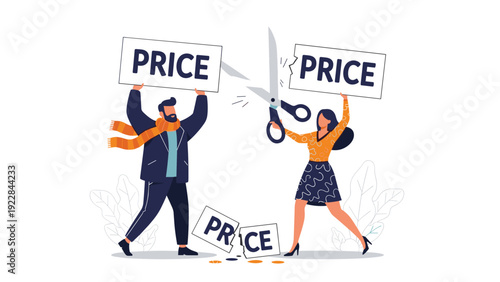 Happy man and woman using giant scissors to cut a price sign in half symbolizing a massive sale or significant discount on products.