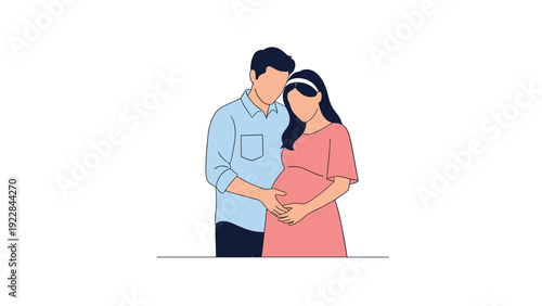 Loving couple standing together with the man placing his hands on the pregnant woman's belly in anticipation of their new baby.