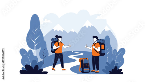 Man and woman hikers with large backpacks giving a thumbs up sign while standing in front of a majestic blue mountain landscape.