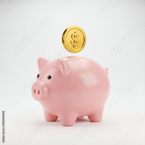 Pink Piggy Bank with Golden Dollar Coin for Savings and Investment