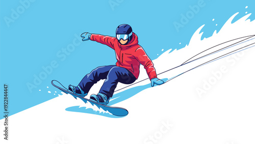 Dynamic illustration of a person snowboarding at high speed down a slope with a blue sky background and white snow splashing around.