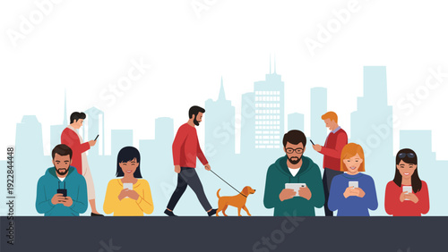 Group of diverse people standing and walking while being absorbed in their smartphones and digital tablets against a city skyline.