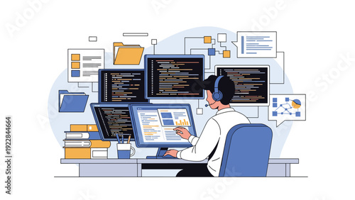 Skilled computer programmer wearing headphones working on complex code across multiple monitors at a cluttered desk full of data files.