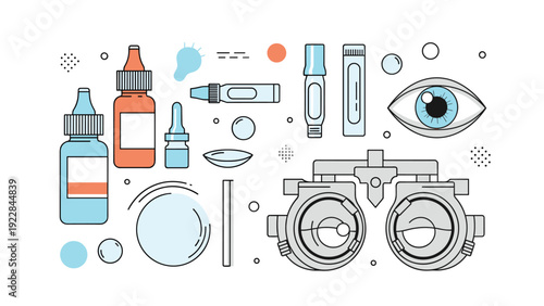 Comprehensive collection of optometry tools and eye care products including eye drops contacts and a phoropter for vision testing.