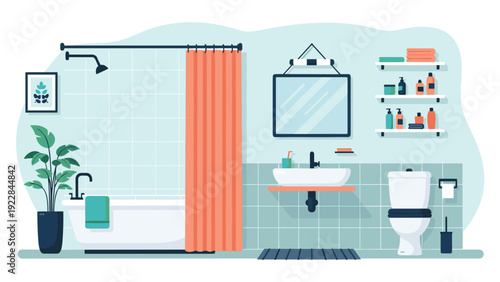 Complete modern bathroom interior featuring a bathtub shower curtain sink toilet mirror and shelves with various toiletries and towels.