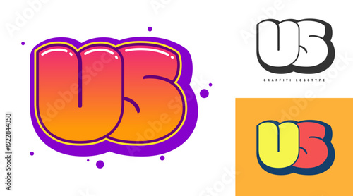 US logo design for festival or party. Initial letter u and s in graffiti style. Creative modern lettering company name of font typography. Kids trendy logotype or identity.