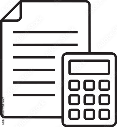 Financial document paper next to a calculator representing business accounting and corporate financial reporting outline vector icon