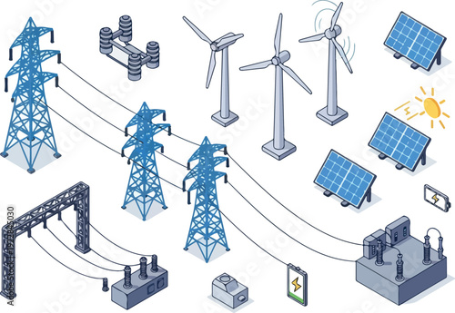 Renewable energy infrastructure illustration showcasing wind turbines, solar panels, and power transmission towers