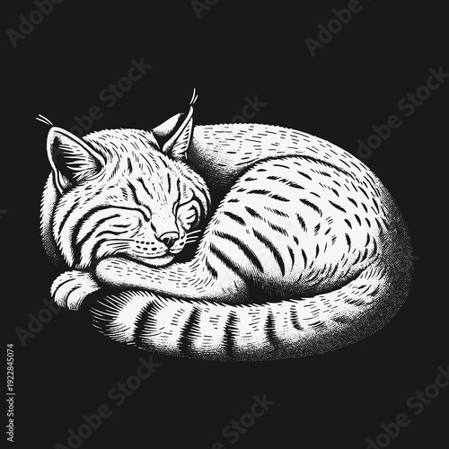 Serene Slumber: A Detailed Illustration of a Curled-Up Bobcat.