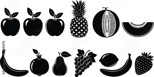 Black fruit silhouette icons set including apple, banana, pineapple, grape, strawberry, pear, and melon isolated on white background for design, 20 words.