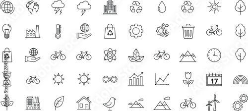 Ecology and sustainability line icon set featuring environmental symbols like recycling, green energy, nature, weather, industry, and global conservation icons.