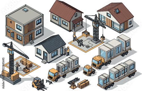 Residential construction site with houses, cranes, trucks, and workers in an isometric view