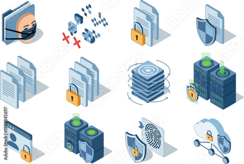Digital security icons representing data protection and privacy measures in a modern technological environment from a straightforward viewpoint