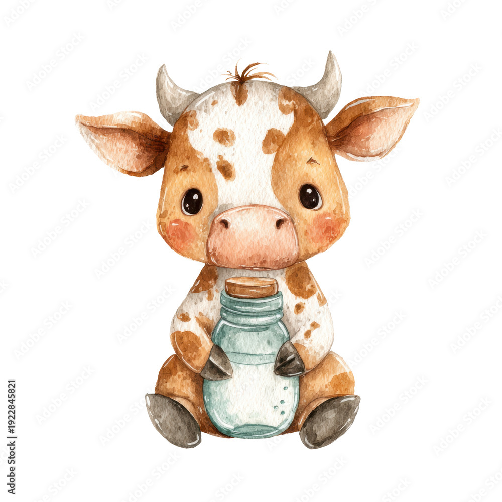 Obraz premium Cute Baby Cow Holding Milk Bottle in Watercolor Style Illustration