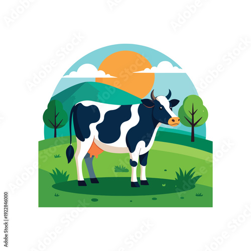 Healthy dairy cow with black and white spots grazing in an open vibrant green meadow on a sunny day with natural landscape