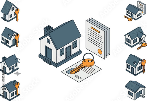 Illustration of a house with keys and documents surrounding it, depicting a real estate transaction scene from a top-down viewpoint.
