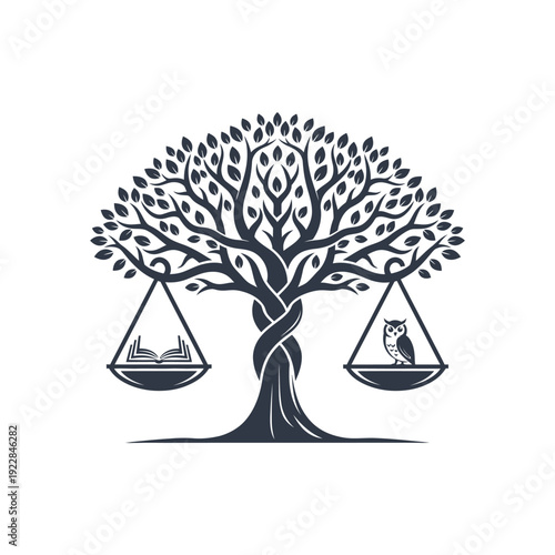 Tree with Roots and Scales of Justice, Book and Wise Owl, on isolated white background