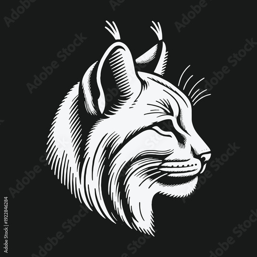 Detailed Lynx Head Illustration in Black and White Style.