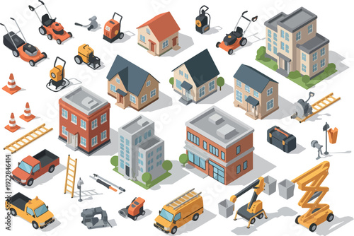 Various construction vehicles and buildings in different stages of development are showcased in an isometric illustration.